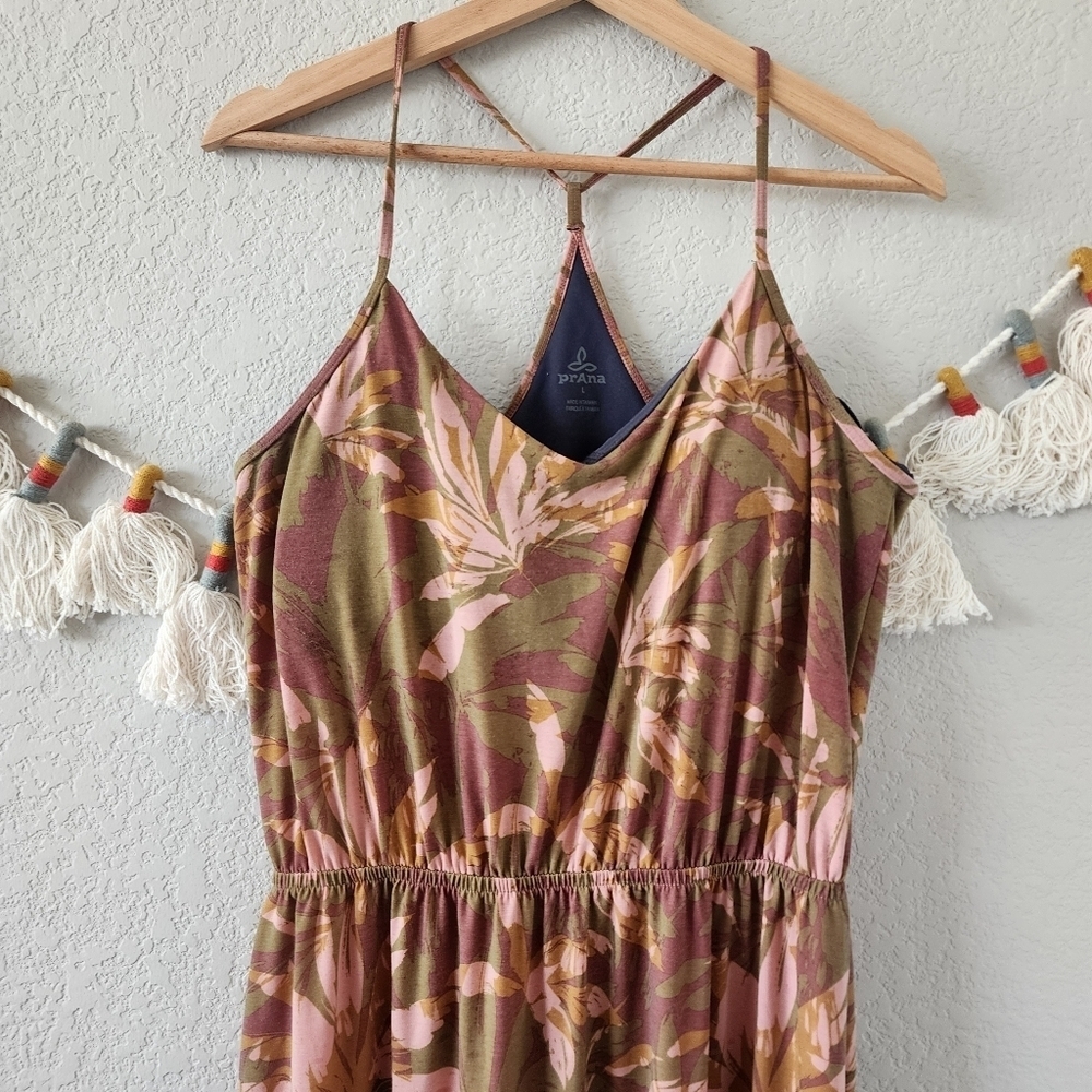 Prana Olive Brown Floral Midi Dress with Pink Accents - Picture 4 of 12